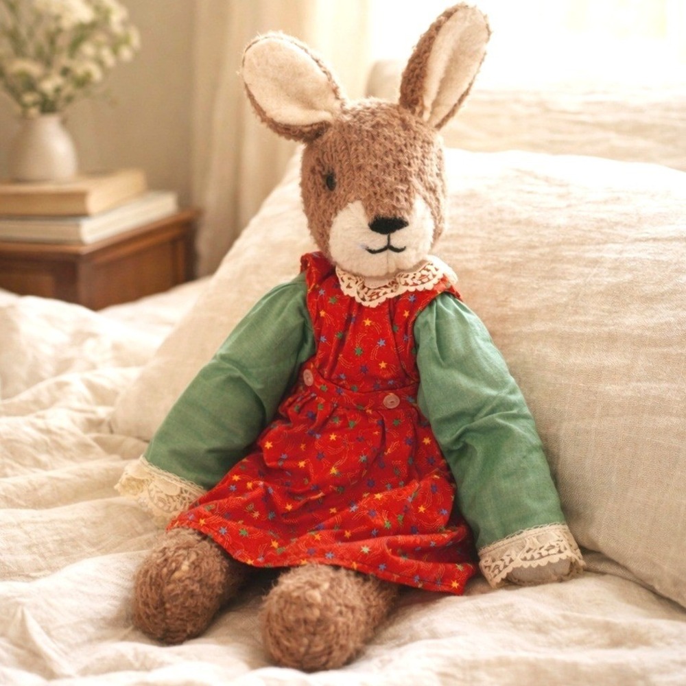 Handmade Knit Bunny Plush Doll Cottagecore Folk Art Easter Cottagecore 20"